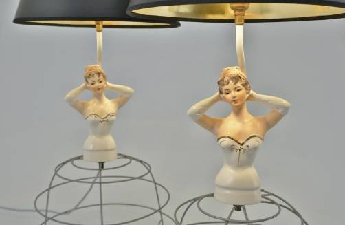 Boudoir lamps, pair of ceramic ladies table lamps, 1950`s ca, French